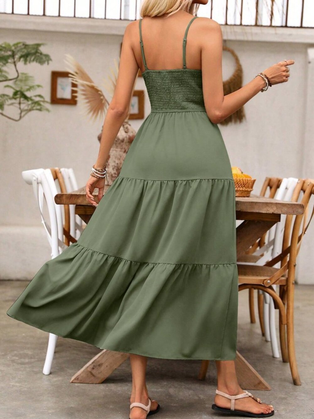 Army Green Casual Women's Holiday Pleated Cami Dress Maxi Vacation Beach Outfit - Picture 2 of 6